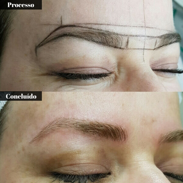Processo de microblading fio a fio 3D, com a marcação do design das sobrancelhas e o resultado final com fios realistas e bem definidos.